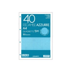 Ricambi Forati A4 Blasetti | 40 Fogli Azzurri 80gr | Quadri 5mm